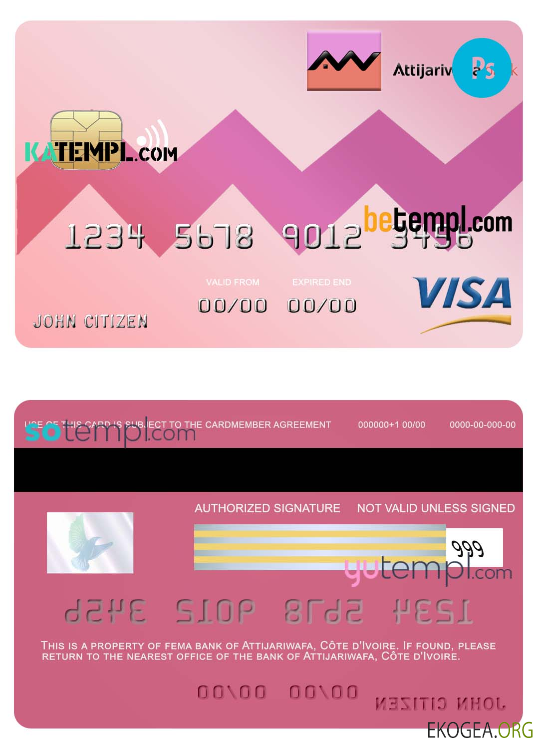 Modèle de carte de crédit visa Attijariwafa Côte d'Ivoire au format PSD, entièrement modifiable